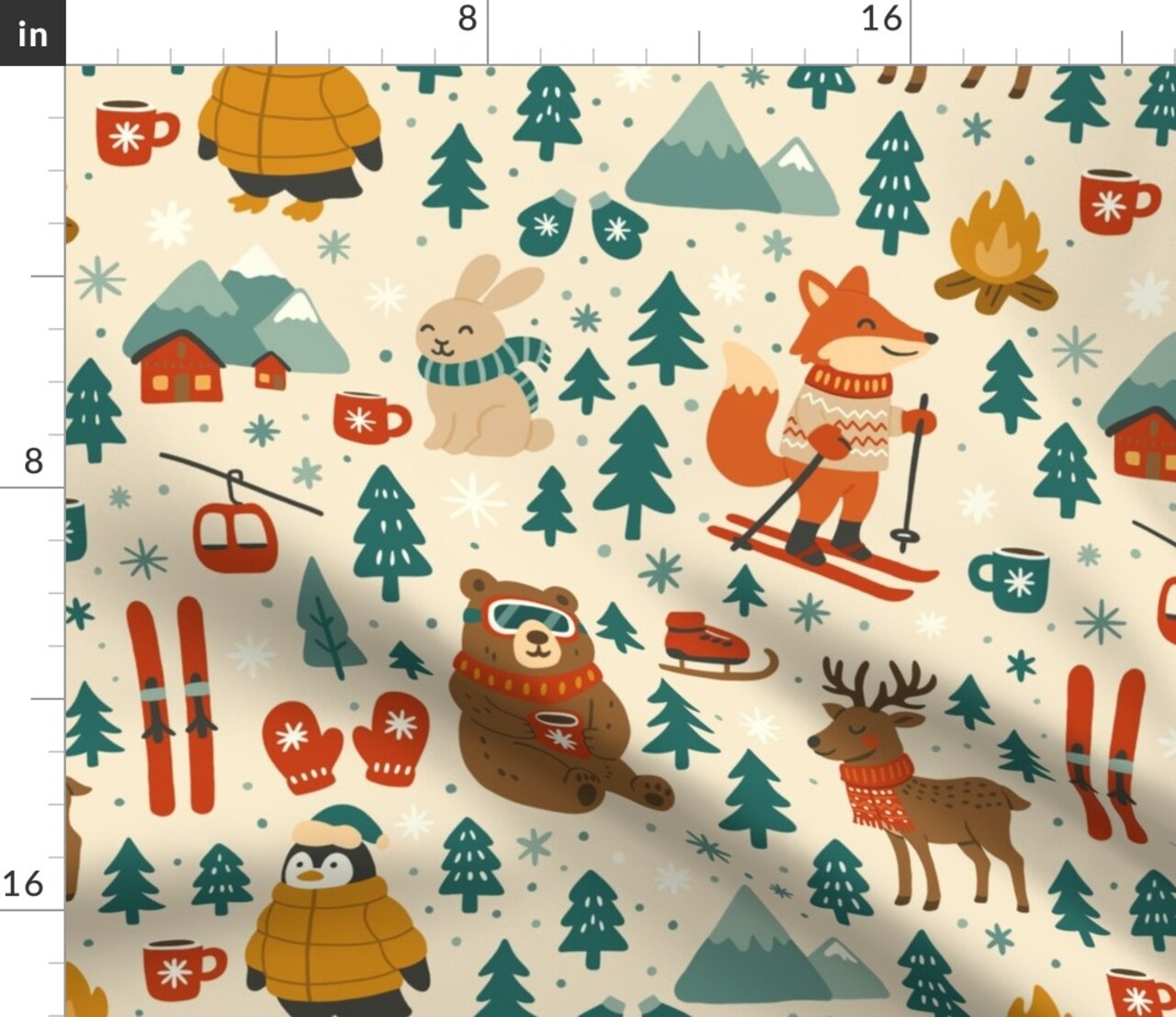 Animals Holiday Christmas Winter Kids Novelty Festive Scandinavian Ski Mittens Ski Lift Mountains Penguin Fox Bear Hot Cocoa Winter Trees Custom Printed Fabric by Spoonflower Various Fabrics by the Yard or Fat Quarter